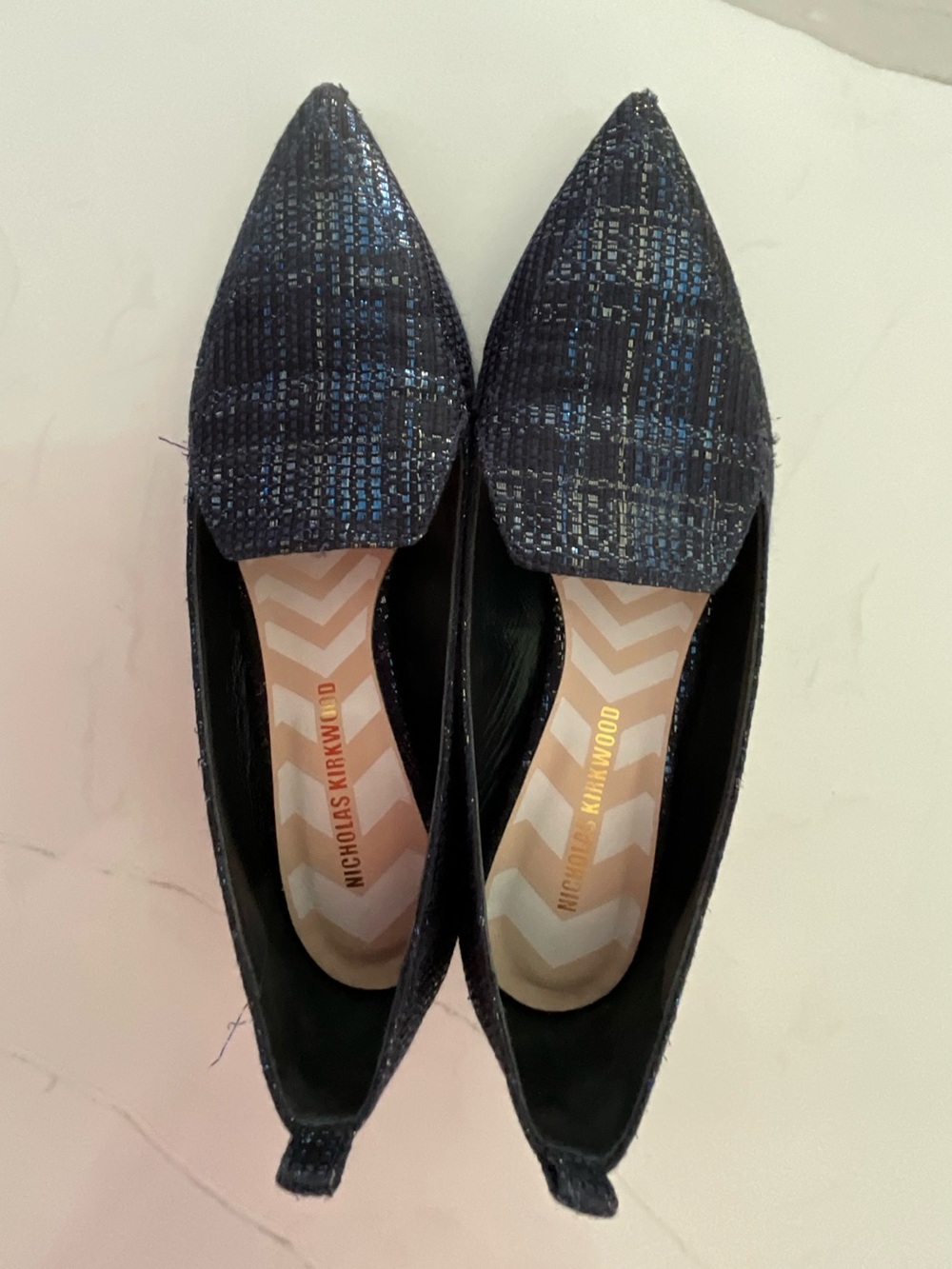 Nicholas Kirkwood Navy Tweed Pointed-Toe Flats